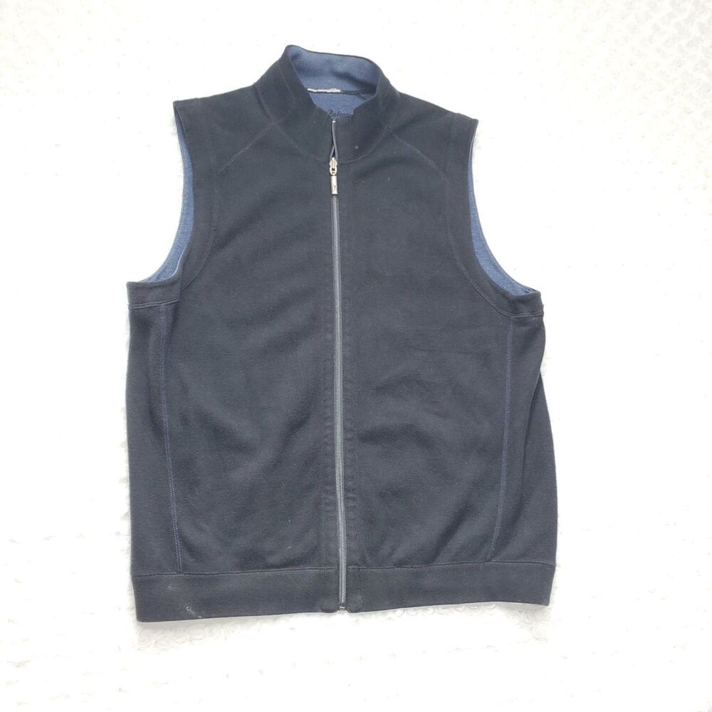 Tommy Bahama Reversible Full Zip Vest Mens L Black Blue Marlin Logo Mock Neck